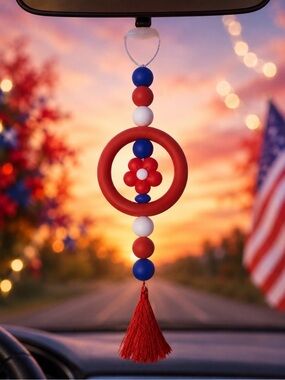 Hand Crafted Red White Blue Beaded Hanging Ornament with Tassel